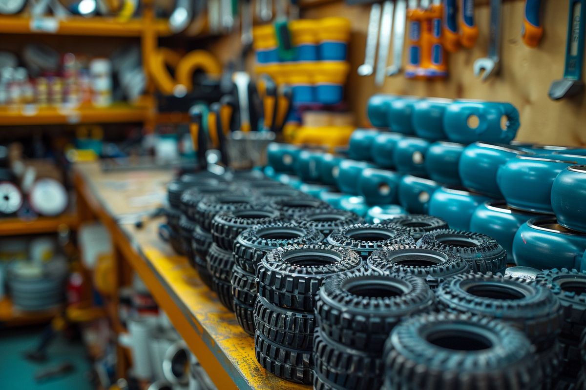 Tools and spare inner tubes neatly arranged on a workbench.