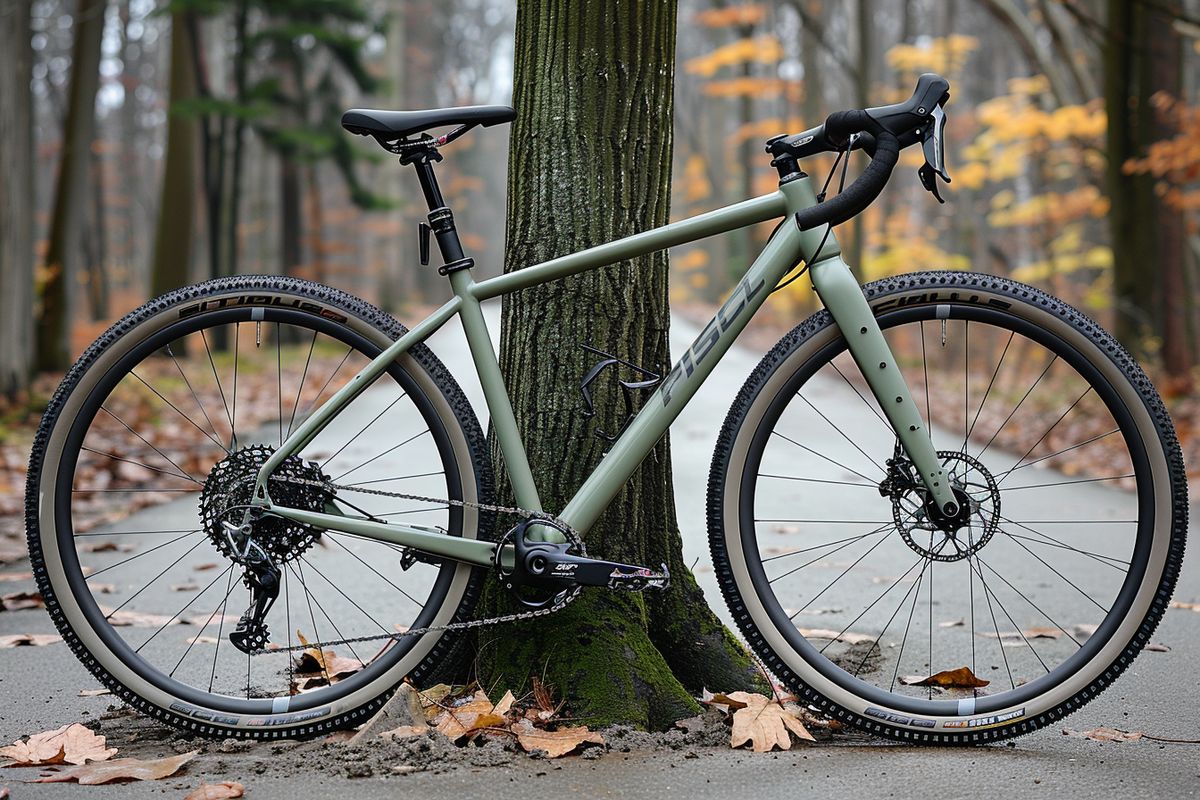Gravel bike leaning against a tree, with a mix of dirt and asphalt in the background.