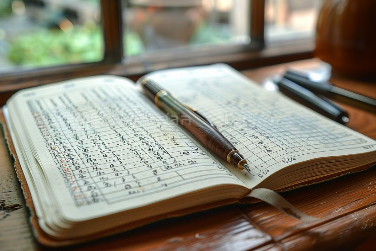 Open journal with detailed yoga session notes, including duration and postures.