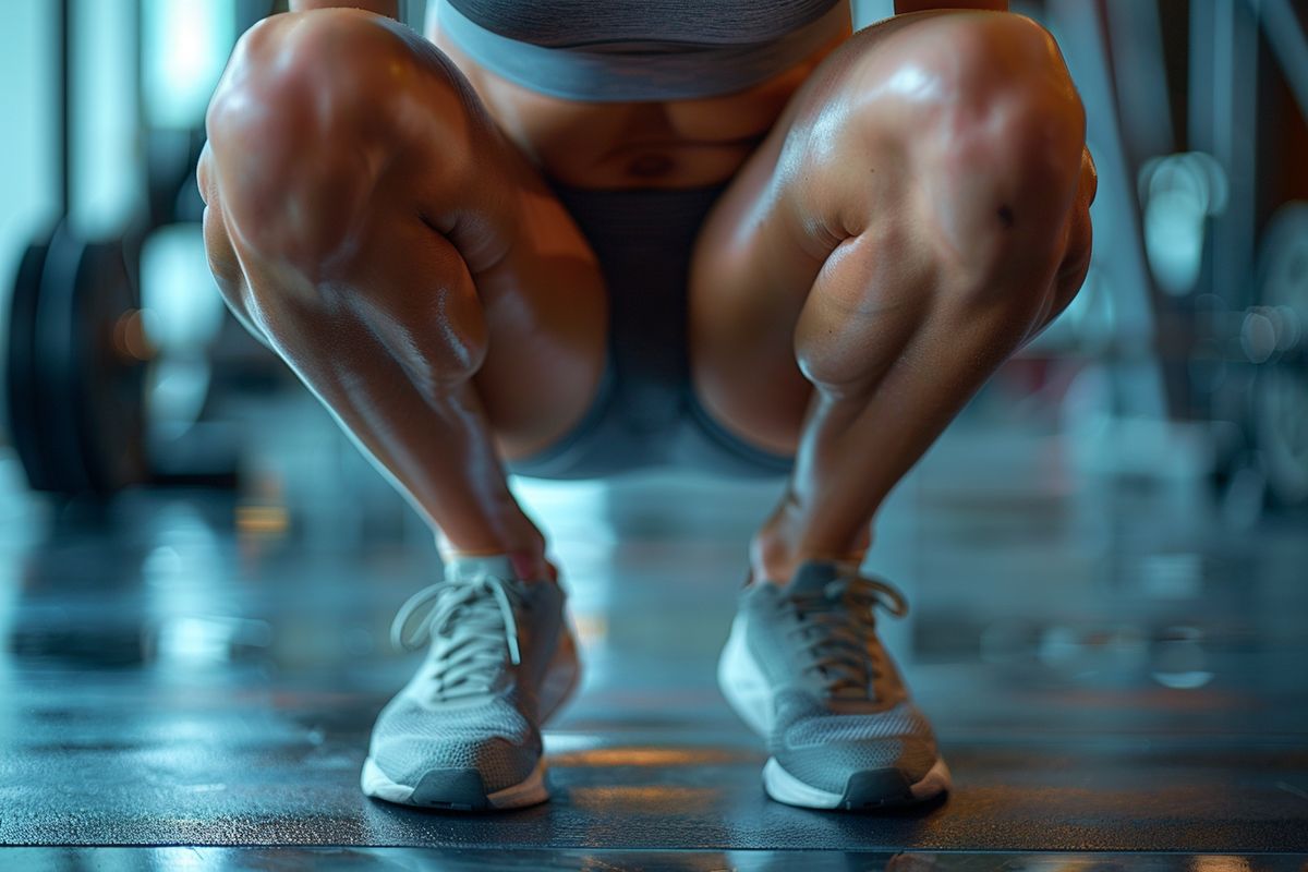 Closeup of legs during a squat exercise