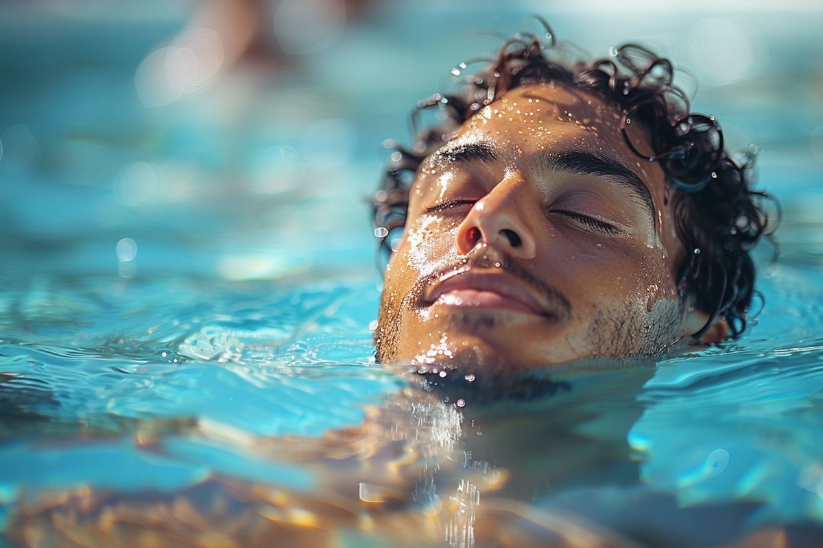 Closeup of swimmer floating effortlessly, serene face, and relaxed body in crystalclear water.