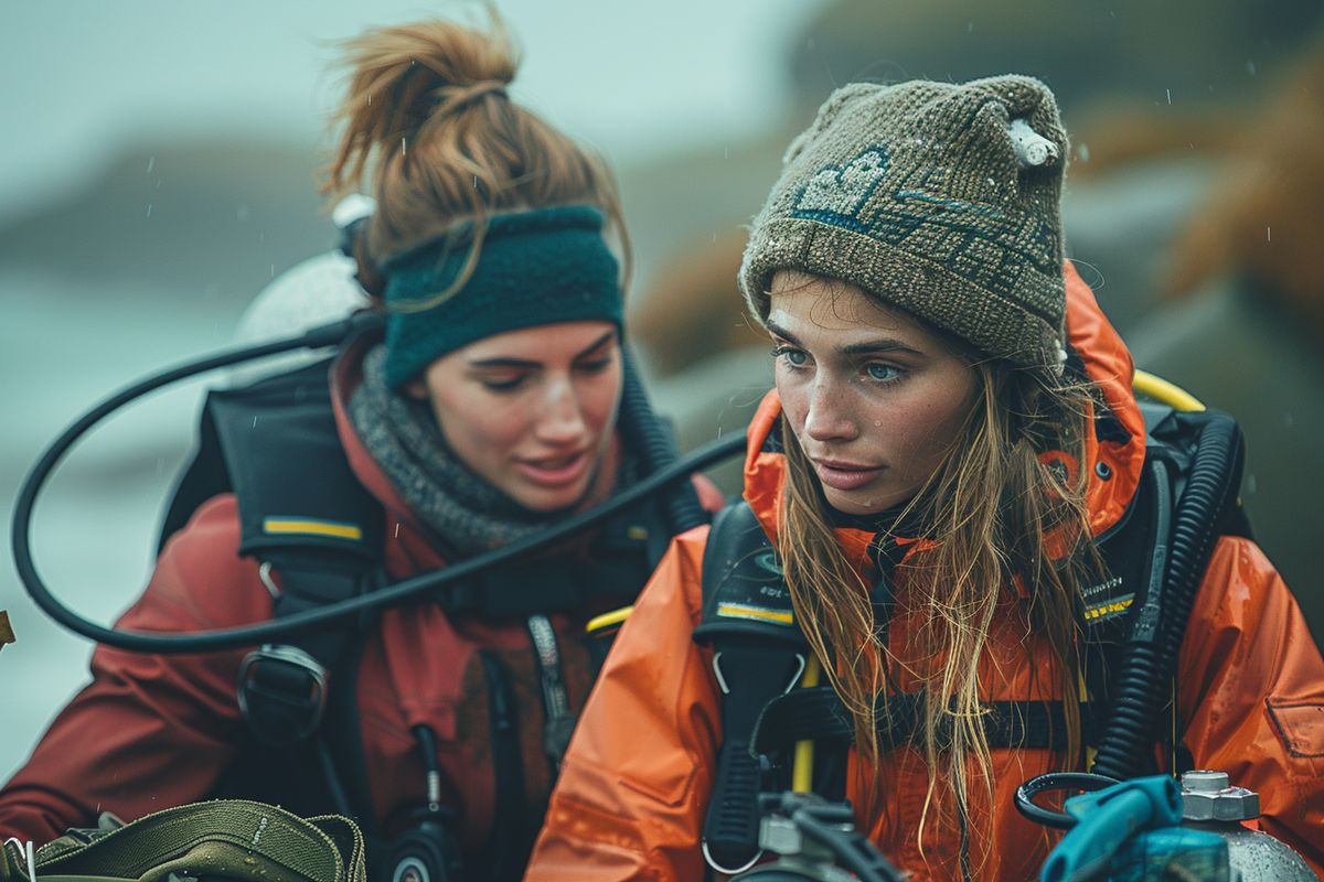 Two friends preparing for a dive, checking each other's equipment.