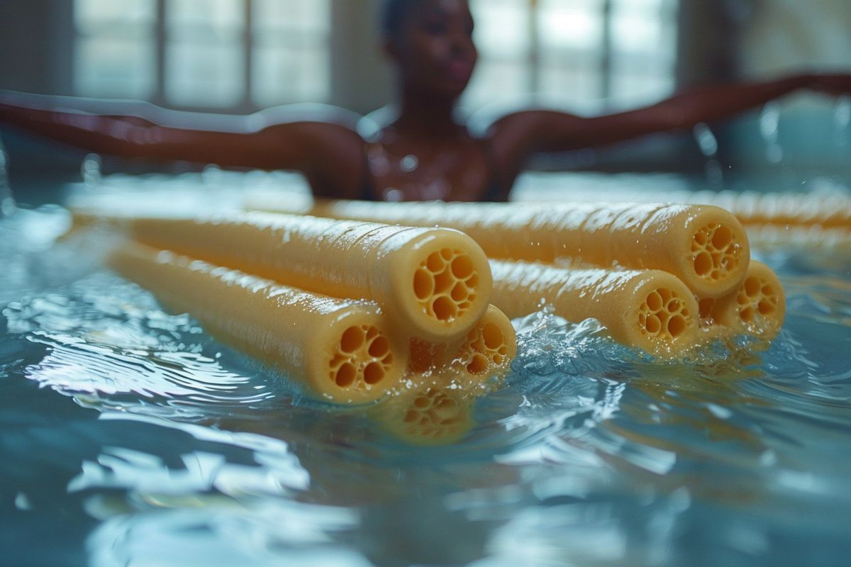 Two foam noodles under arms, person mimicking cycling in water.